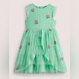 Mini Boden Girls Mint Green Floral Tiered Dress Size 4-5